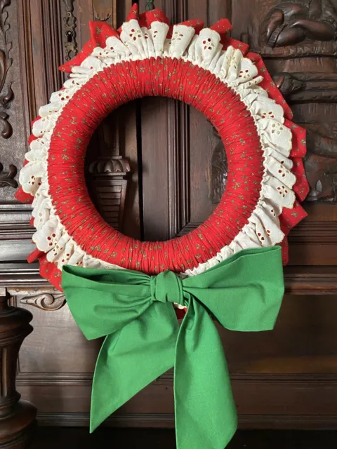 Christmas Cotton Fabric Handmade Wreath Bow Hanging Vintage Holiday Decor