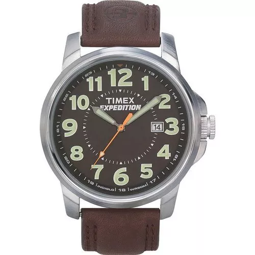 Timex T44921, Men's "Expedition" Brown Leather Watch, Indiglo, Date