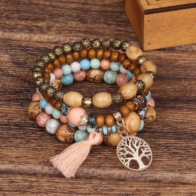 Boho Natural Stone Multilayer Crystal Beaded Bangle Bracelet Women Jewelry Gifts