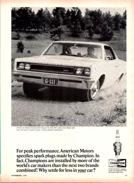 Vintage 1966 AMC Print Ad American Motors Rebel SST 343 Champion Spark Plugs