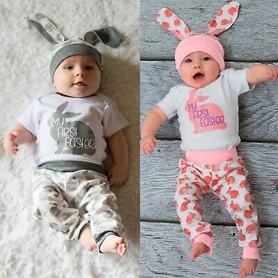 Infant Baby Boys Girls Easter Rabbit Printed Romper Bodysuit+Pants Hat Outfits