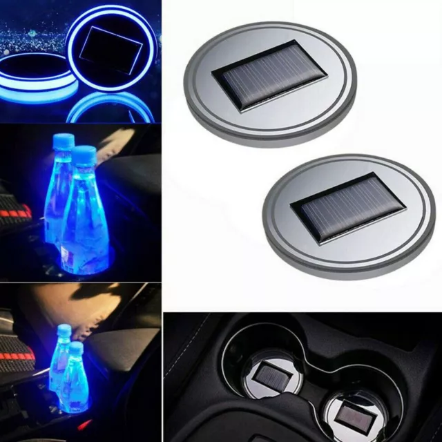 2PCS LED Solar Cup Pad Car Accessories Light Cover Interior Decoration Lights