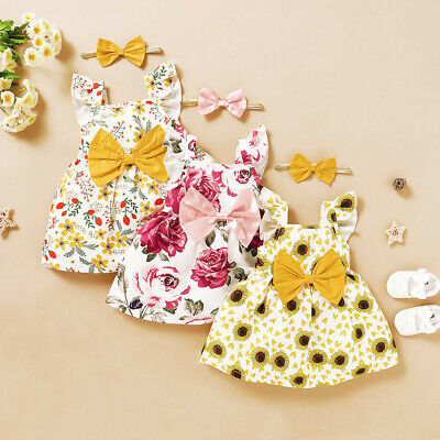 Toddler Baby Girls Fly Sleeve Sunflower Floral Print Princess Dress+Headbands