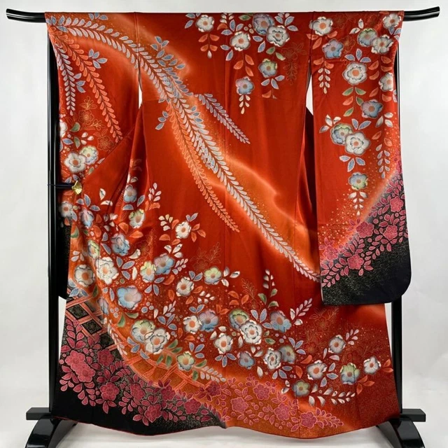 Woman Japanese Kimono Furisode Silk Flower Silver Thread Shibori Red