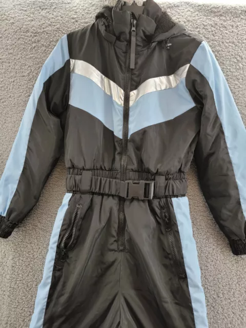 AQUA Color Block Front Zip Snowsuit Women's S Blue/Black Hooded Long Sleeve 2