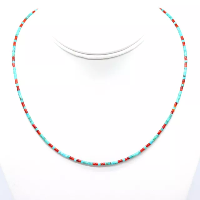 Arizona Turquoise & Red Coral Necklace, Lightweight Tiny Thin Small Dainty Beads