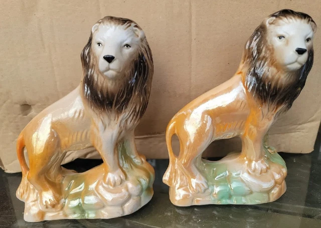 Vnt Ceramic Luster Ware Lion Figurine Statue Made in Brazil Lot Of 2