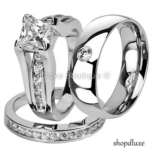 His & Hers 3 Piece Cz Stainless Steel Wedding Engagement Ring Band Set