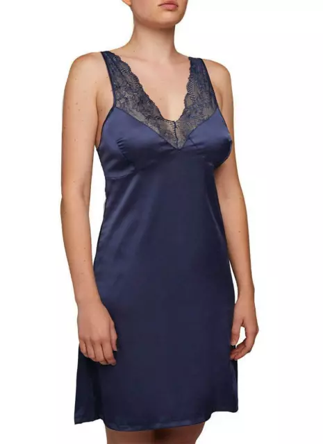 Sottoveste donna in raso blu o tortora con inserti in pizzo sexy trasparente