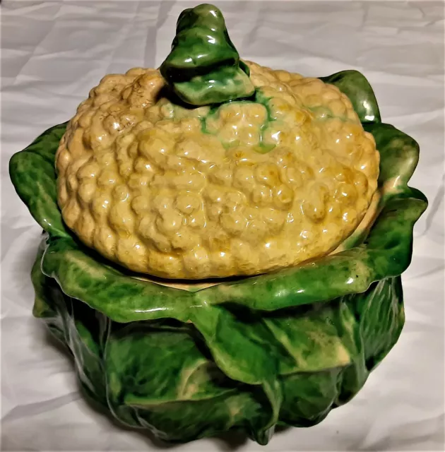 Vintage Majolica Palissy Ware Cabbage / Cauliflower Lidded Tureen Bowl