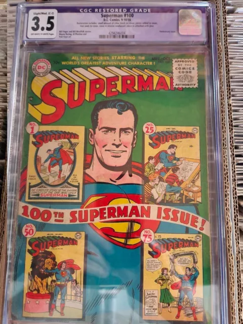 Superman #100 (DC Comics, 1955) - Anniversary Issue - CGC 3.5 Restored Grade
