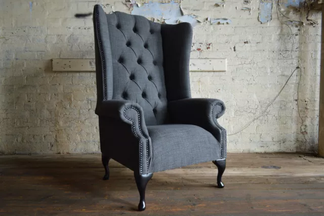 Handmade Dark Grey Wool Fabric Chesterfield Wing Chair, High Back