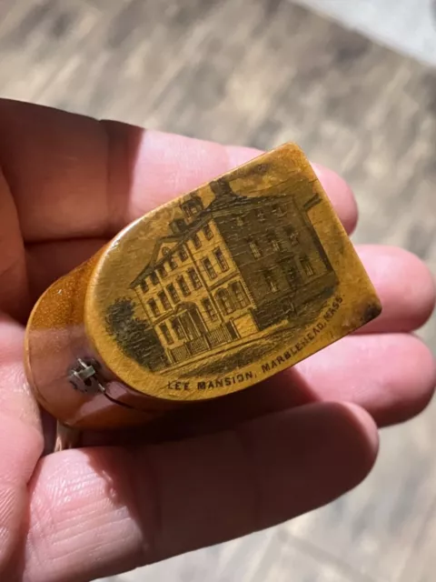 Antique Velvet Lined Wooden Thimble Holder Picture of Lee Mansion Marblehead MA