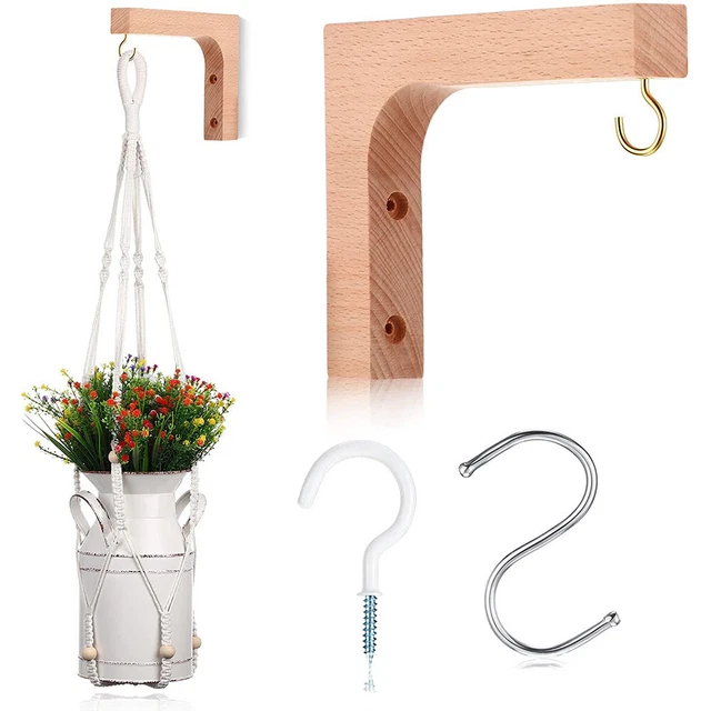 2Pcs Hanging Plant Hook Wooden Wall Mounted Bracket Hanger Storage Rack Decor