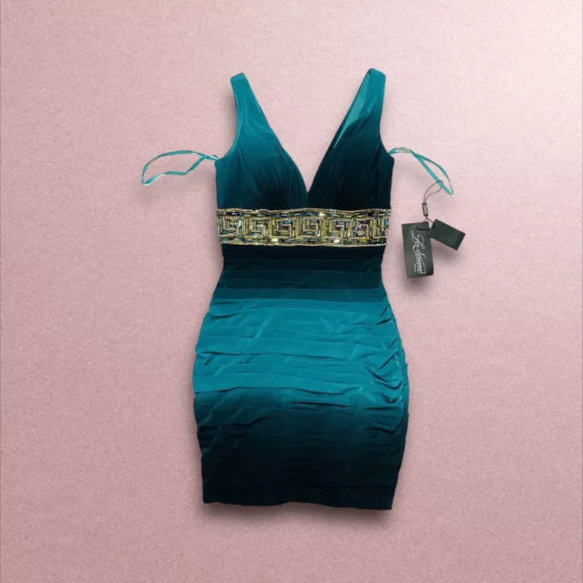 La Femme Teal/Black Sequined Body Contour Dress Size 4 - New With Tags $358 MSRP