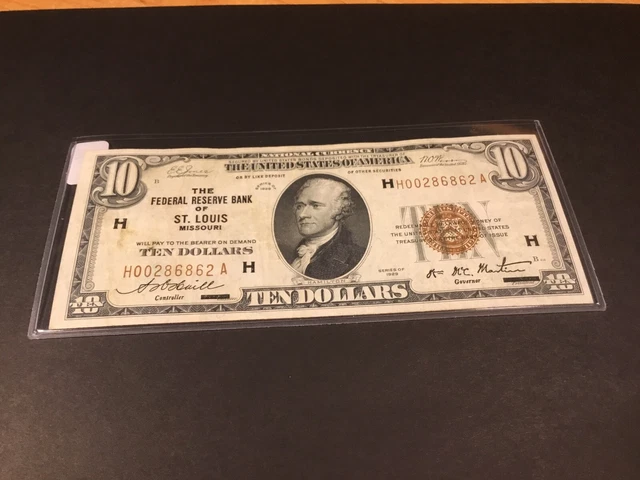 1929-Ten Dollar $10-US National Currency Note-FRB of St. Louis-6862 A