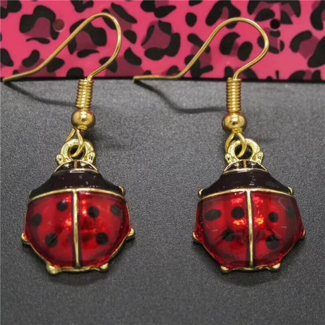 Betsey Johnson Ladybird Hook Drop Dangle Earrings Extra Shiny 18K Gold Filled