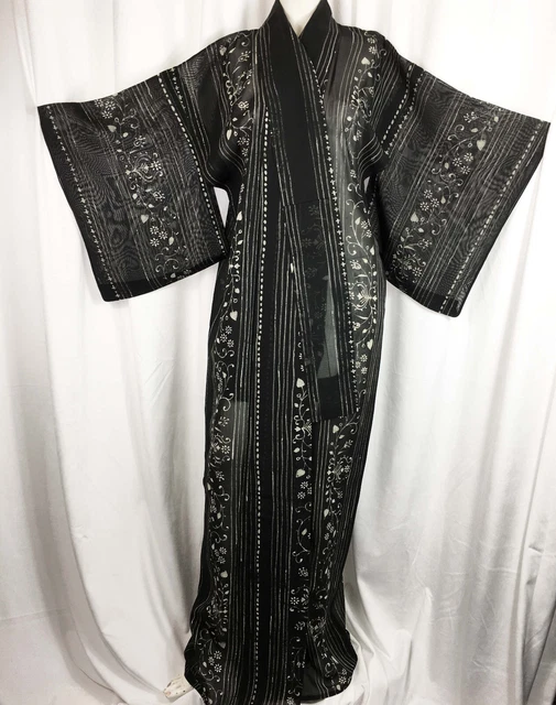 Vintage Japanese Silk Gauze Summer Weight Kimono Floral Print Black White