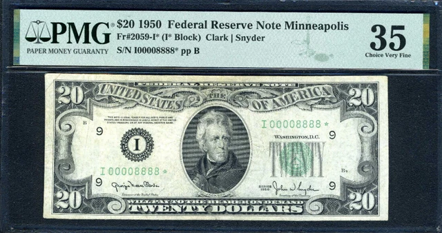 QUAD 00008888* FANCY SERIAL NUMBER * STAR * 1950 $20 PMG graded