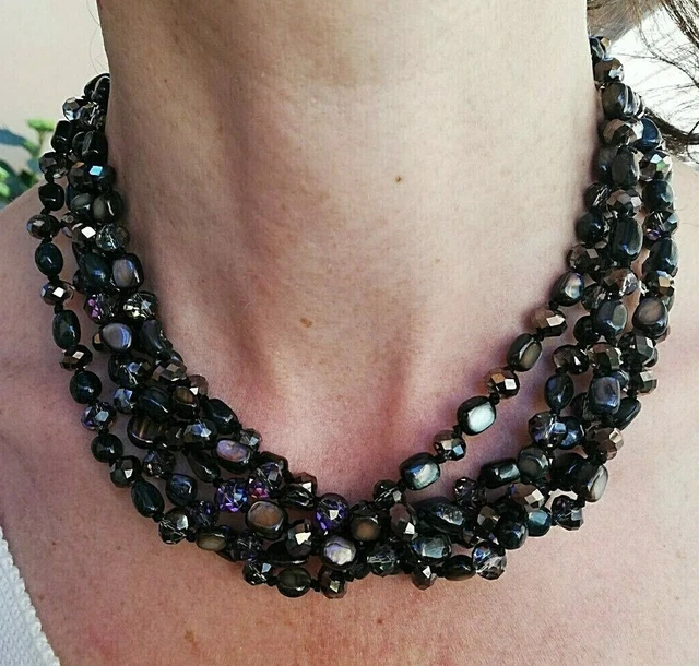 Collier Ras Du Cou En Nacre Noire Et Cristal Facetté - Multirang, Occasion - Bijou Argenté