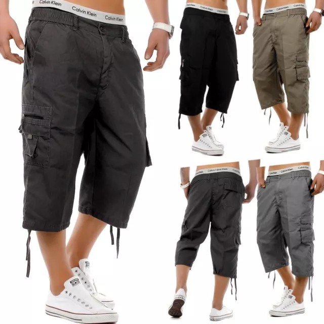 Mens Elasticated Waist Cotton Cargo Combat Shorts 3/4 Long Length Big Size Pants