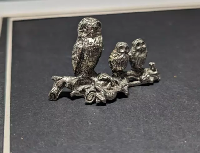 Miniature Solid Pewter Owl Figurine Trio of Three Owls On Log Mini Small, cute