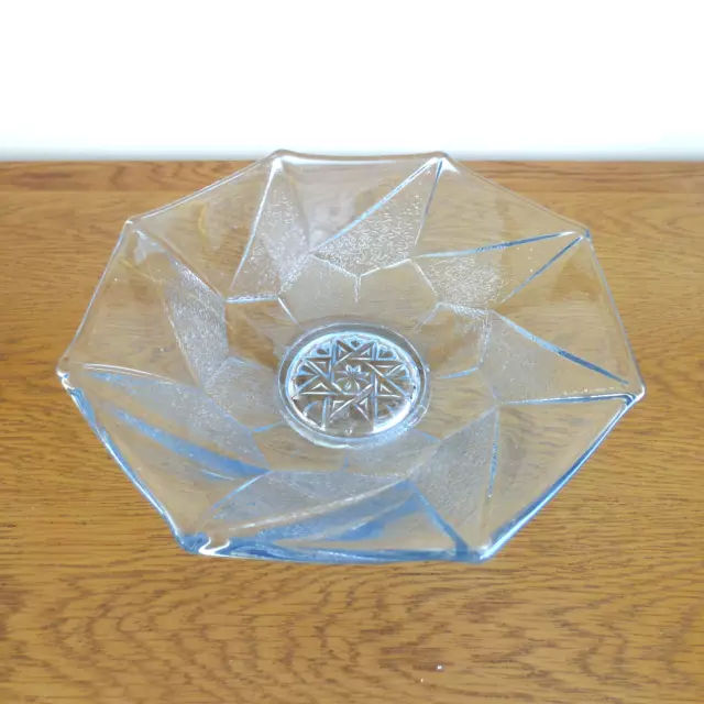 Sowerby Art Deco Ice Blue Geometric Pressed Glass Bowl. 1930’s 25cm VGC