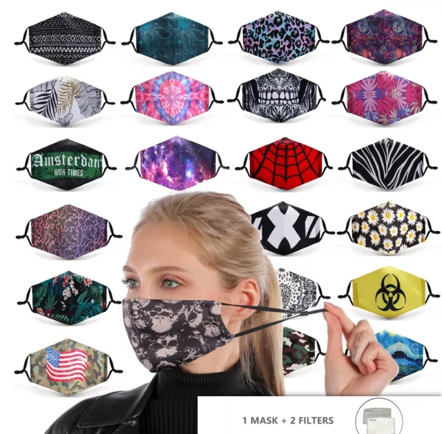 Face Mask + Two Filters / Reusable Washable Face Mask Protective Adjustable UK