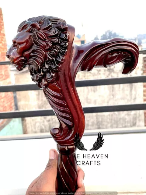 Hand Carved Lion Head Handle Wooden Walking Stick Handmade Walking Cane Gift