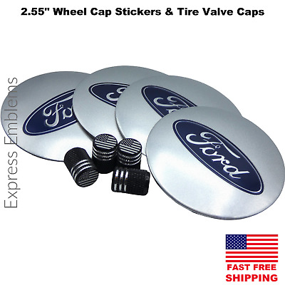 2.55" / 65mm FORD Wheel Center Hub Cap Sticker Decal AND Tire Valve Caps SILVER