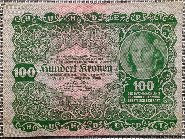 100 Kronen Banknote 1922, Geldschein Österreich, Österreich- Ungarn, F- VF °