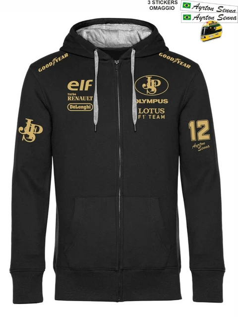 Felpa ZIP Cappuccio LOTUS Ayrton Racing Team replica corse GP scuderia+ stickers