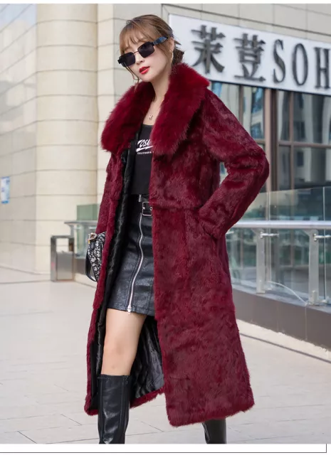 Womens Fox Fur Collar Real Rabbit Fur Long Jacket Outwear Coat Winter Warm Parka