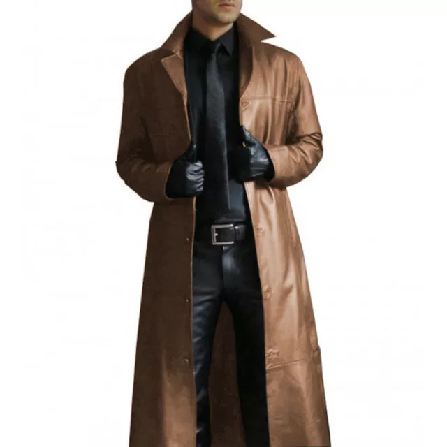 Mens Fashion Slim Jacket Punk Coat Faux Leather Lapel Collar Long Trench Outwear