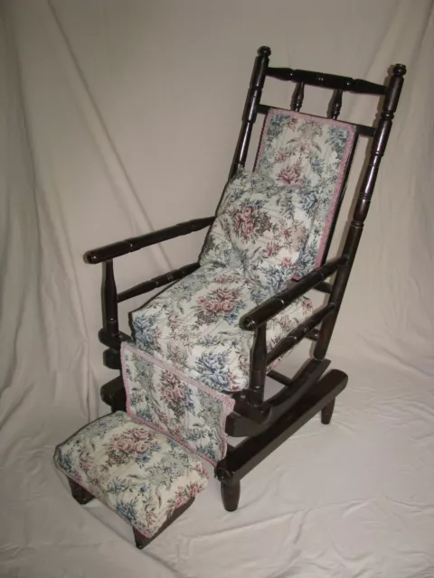 Antique Rocking chair, foot stool and matching cushion. Near new upholstery .