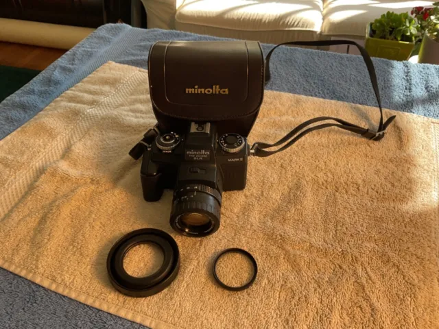 Near MInt Minolta 110 Zoom SLR Mark II Camera, case, strap, Lens Shade UV filter