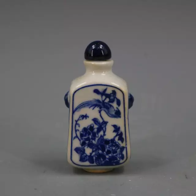 Chinese Blue and White Porcelain Qing Kangxi Peony Bird Design Snuff Bottle 2.6"