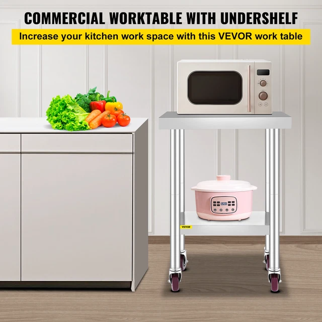 VEVOR Stainless Steel Work Pre Table with Wheels 24X18inch Adjustable Undershelf 2