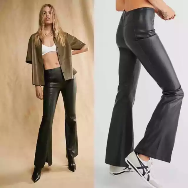 Free People We The Free Black Real Deal Slit Vegan Faux Leather Pants 25