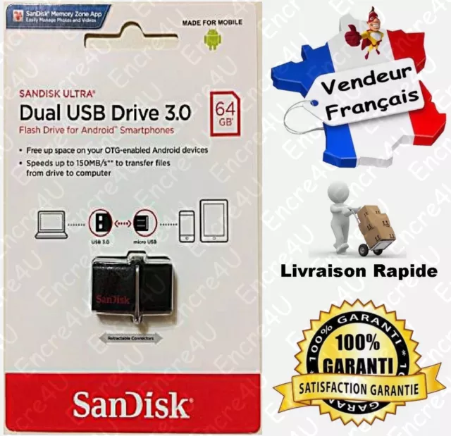 Clé Dual USB 3.0 OTG SANDISK ULTRA - Proposée en version : 32 ou 64 Gb Go Giga