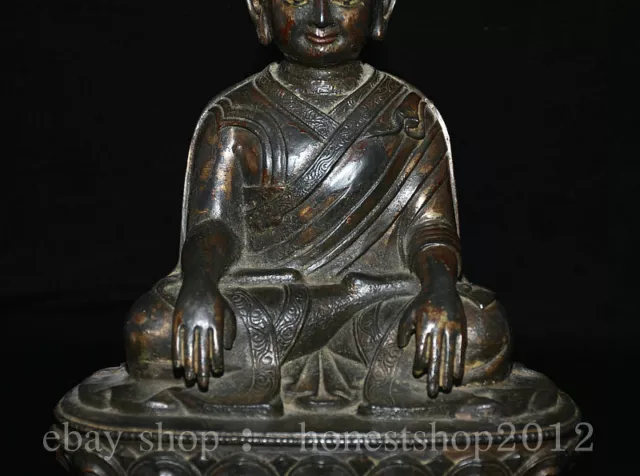 10.8"Antiker Alter Tibet Buddhismus Bronze Lama Guru Meister Buddha Lotus Statue 3