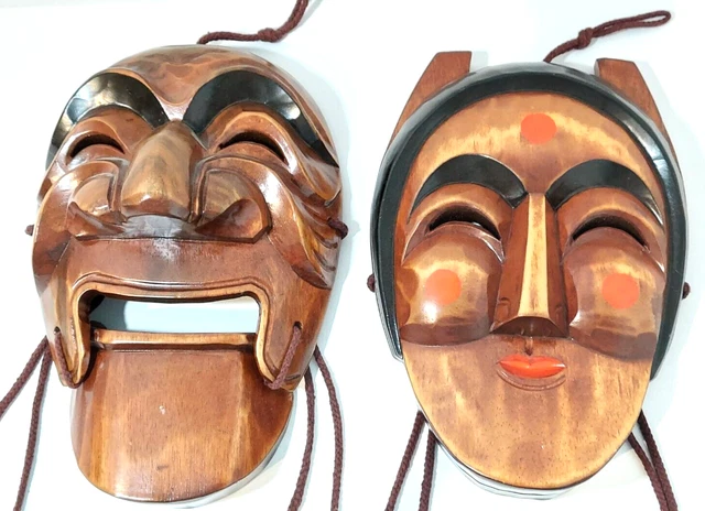 Set of 2 Carved 11" Wooden Masks Drama Hanging Tie Yangban Traditional Korean