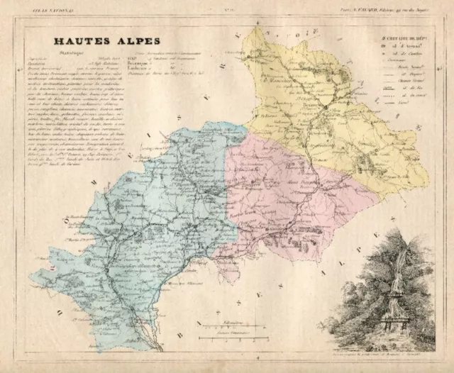 Genuine Original Antique 1877 France Hand Colored Map HAUTES ALPES French Europe