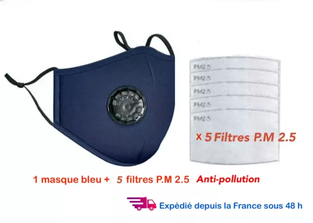 Masque  de protection tissu lavable  avec valve en coton bleu +5 filtres PM 2.5