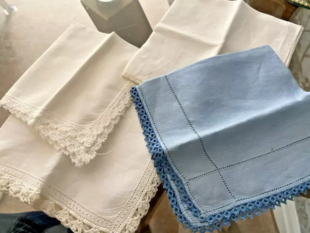 Four Vintage White/Blue Cotton/Linen Ladies Handkerchiefs ~ Tatting/Crochet Lace