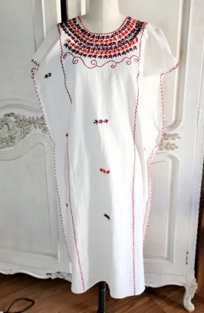 Oaxacan Mexican Dress Huipil Bata M L White Manta Hand Embroidered Birds Flowers