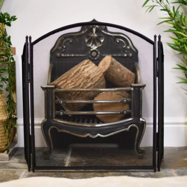 Midnight Black Three Fold Arched Fire Screen Or Fire Guard