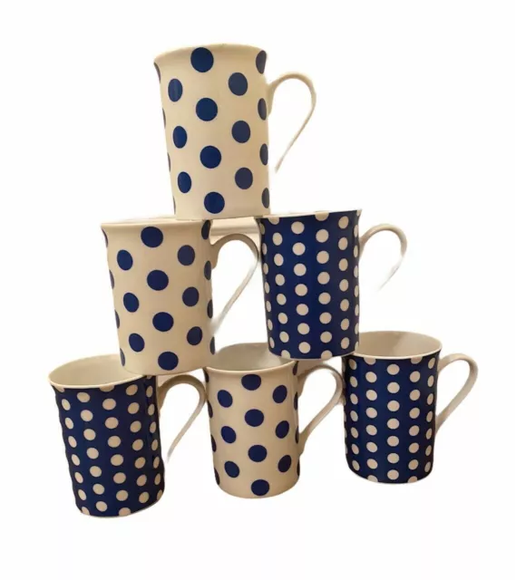 Set of 6 Fine Bone China Spotty Mugs Polka Dots Blue & White Coffee Tea Mugs