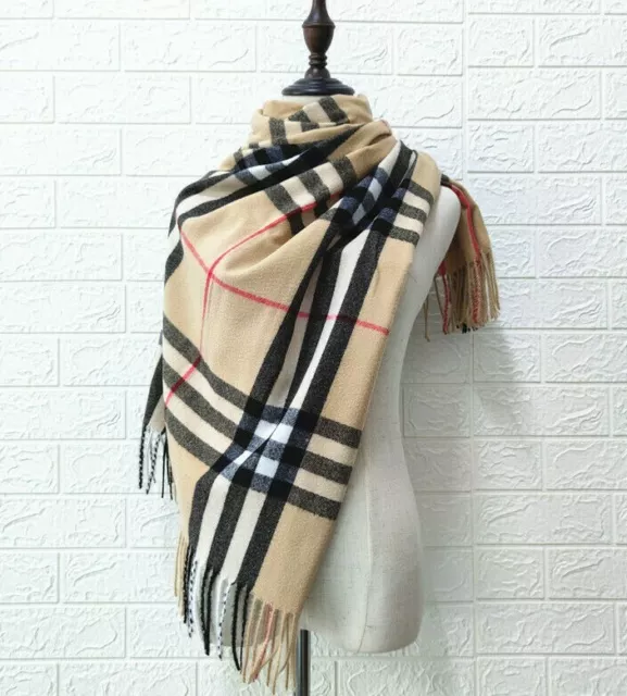 Men Ladies Women Unisex Classic Checked Tartan Print Plain Beige Tassel Scarf UK 2