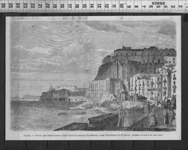 G358 / Engraving 1868 / Naples Vue Du Quai Sainte-Lucia